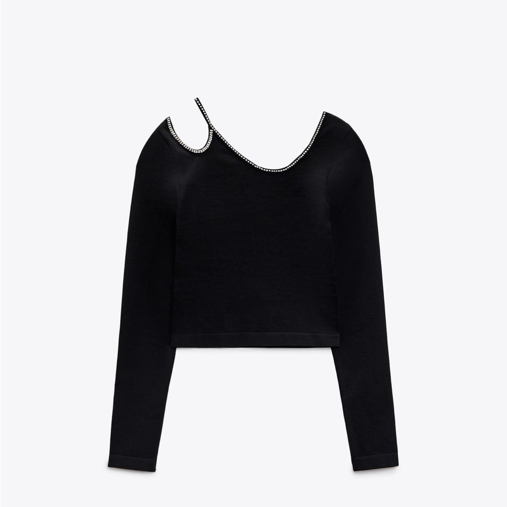 Zara Black Long Sleeve Top with Rhinestone Detail